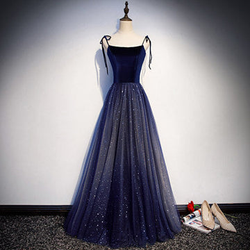 Simple A line Prom Dresses Navy Blue Tulle Evening Dress HZ1023